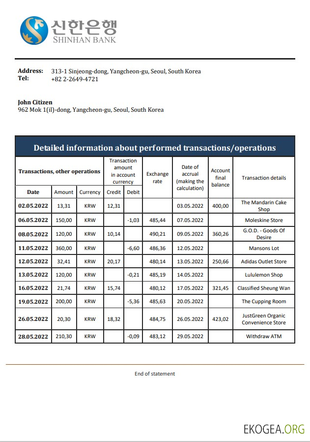 Déclaration de la Shinhan Bank de Corée du Sud